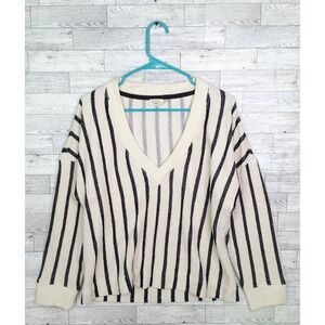 Faherty Dockside V-Neck Sweatshirt Top Ivory Black Moon Shadow Stripe Size Small